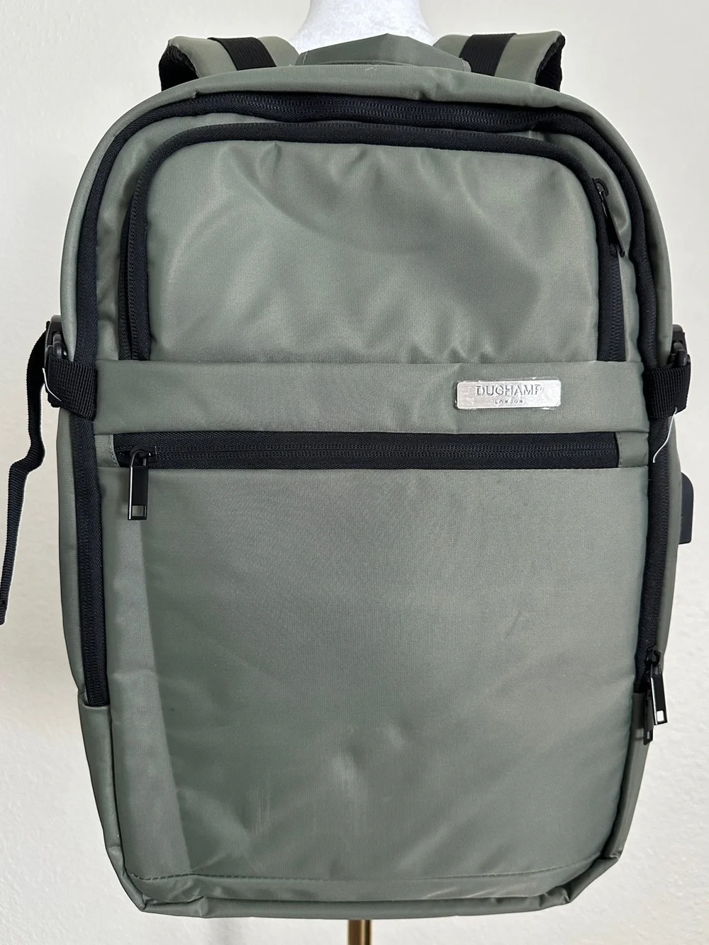 DUCHAMP London Expandable Carry On Travel Backpack suitcase USB in THYME
